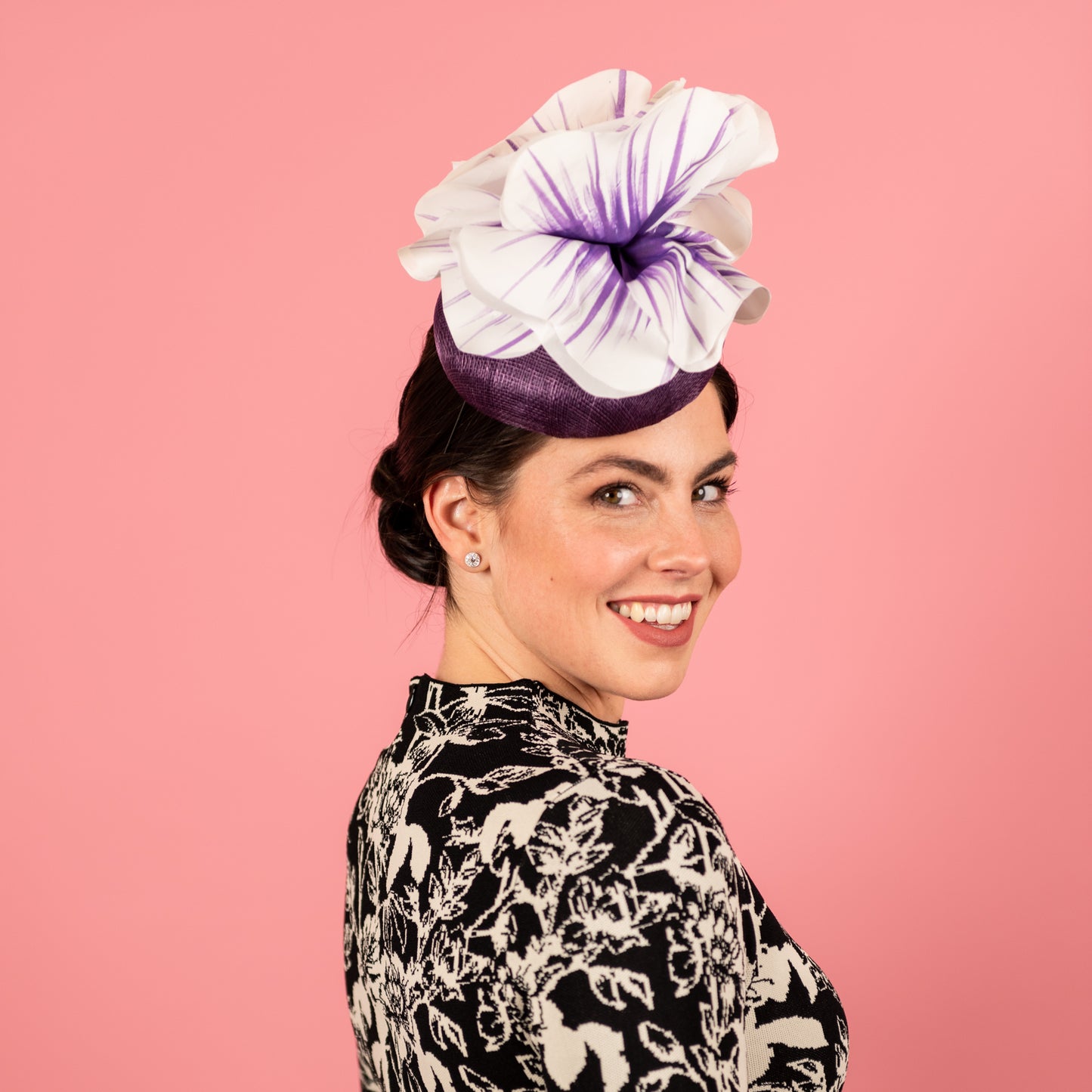 Penelope Button Beret in Straw with Silk Poppy Flowers in Purple