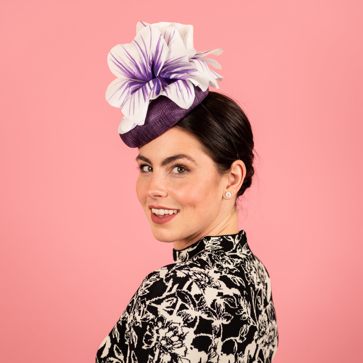 Penelope Button Beret in Straw with Silk Poppy Flowers in Purple