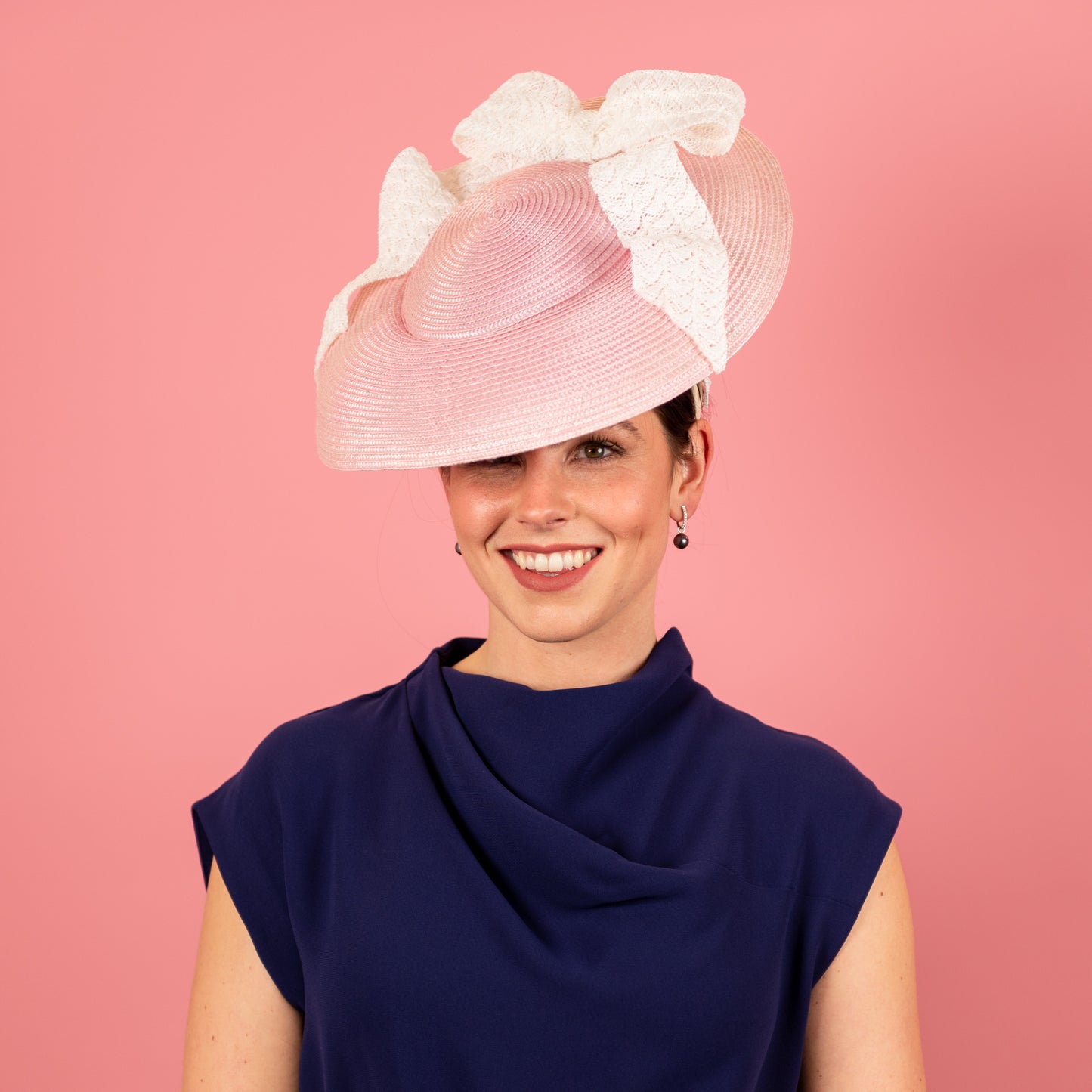 Sabine Hat in Pink Straw and White Bow