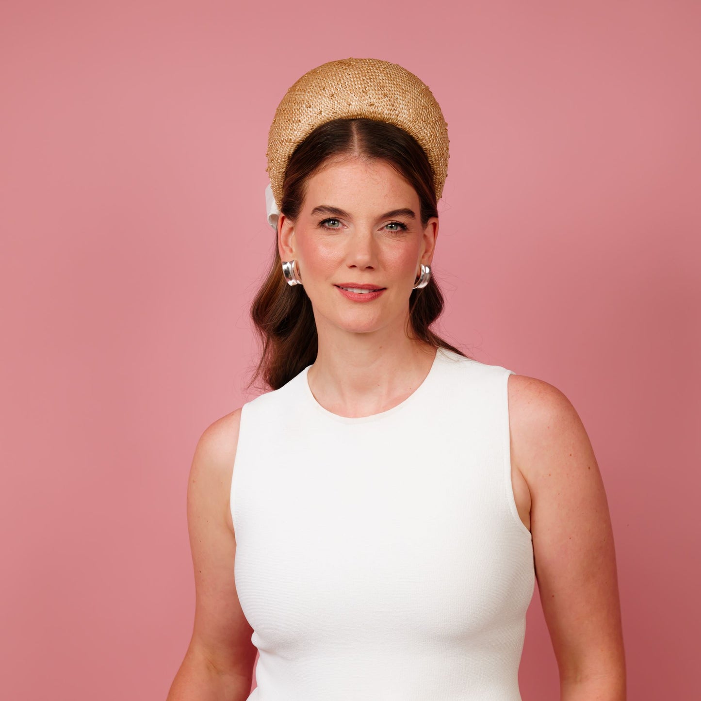 Taylor Pillbox in natural knotted straw with white silk bow