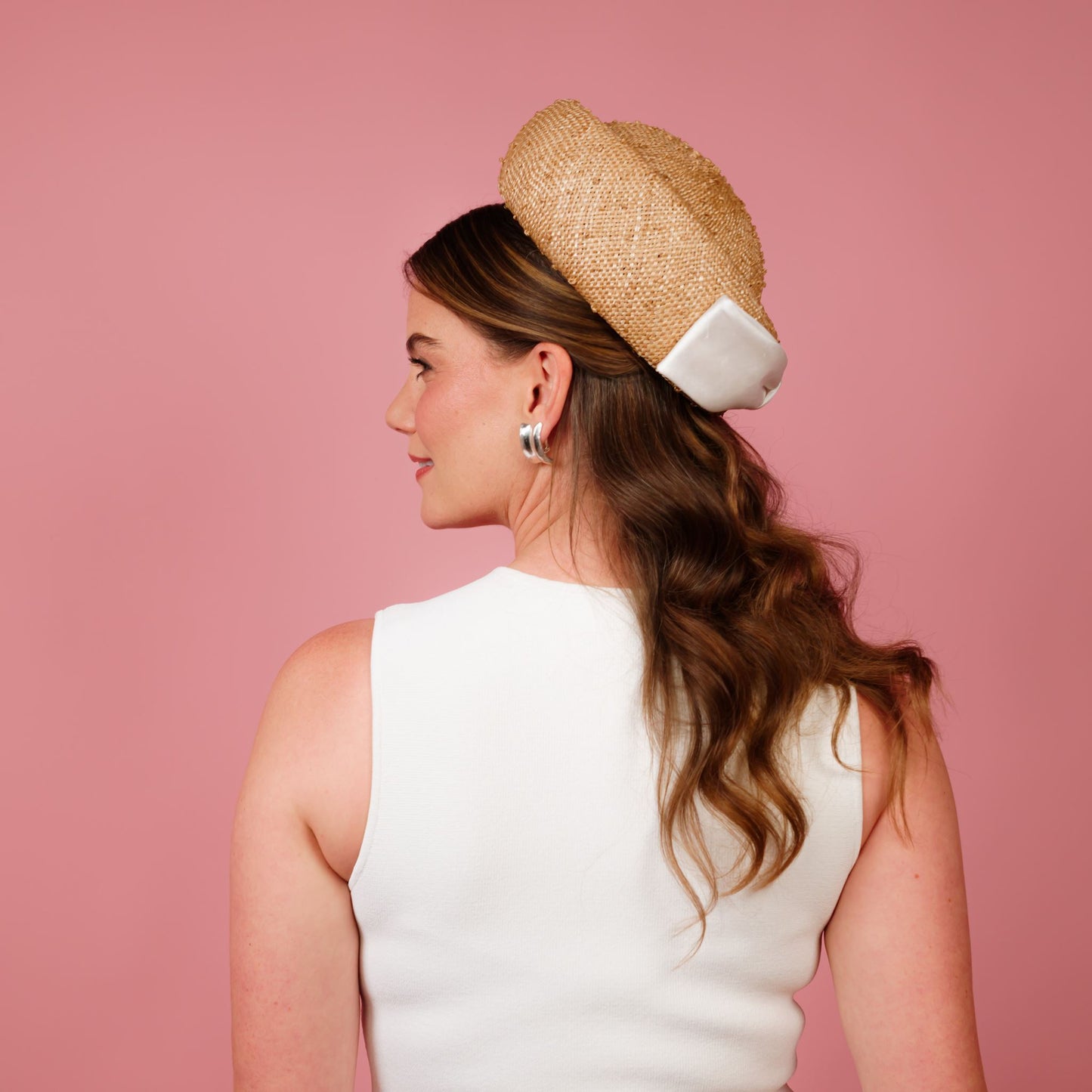 Taylor Pillbox in natural knotted straw with white silk bow