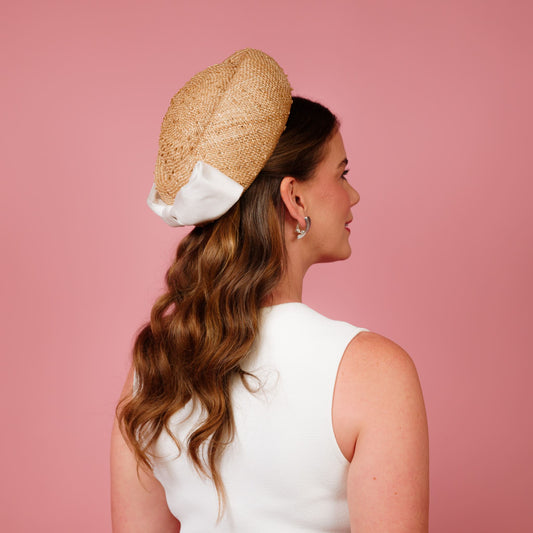 Taylor Pillbox in natural knotted straw with white silk bow