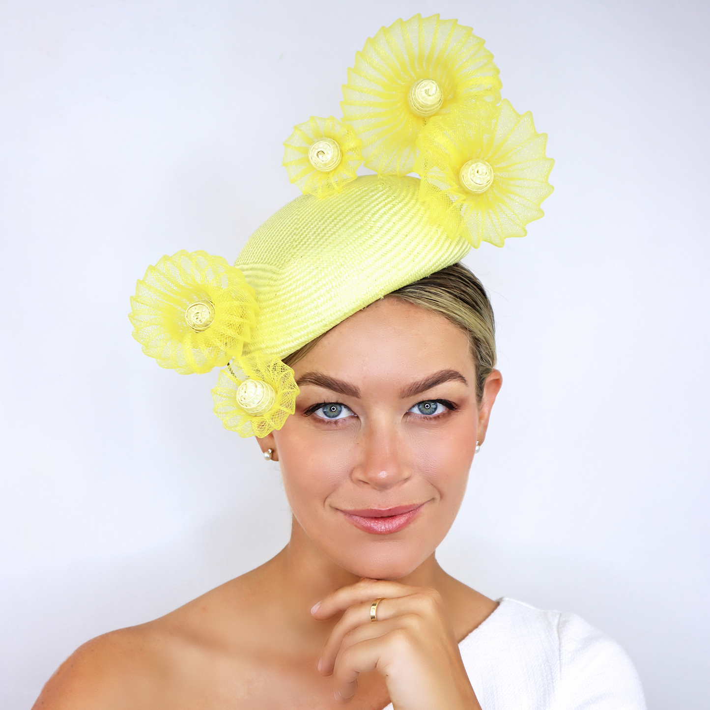 Zinnia Yellow Beret with floating pleated crinoline flowers in yellow