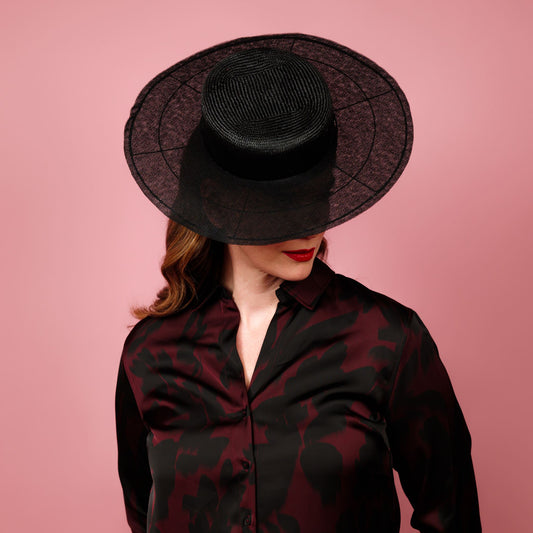 Zora Boater with curved straw crown and tulle brim