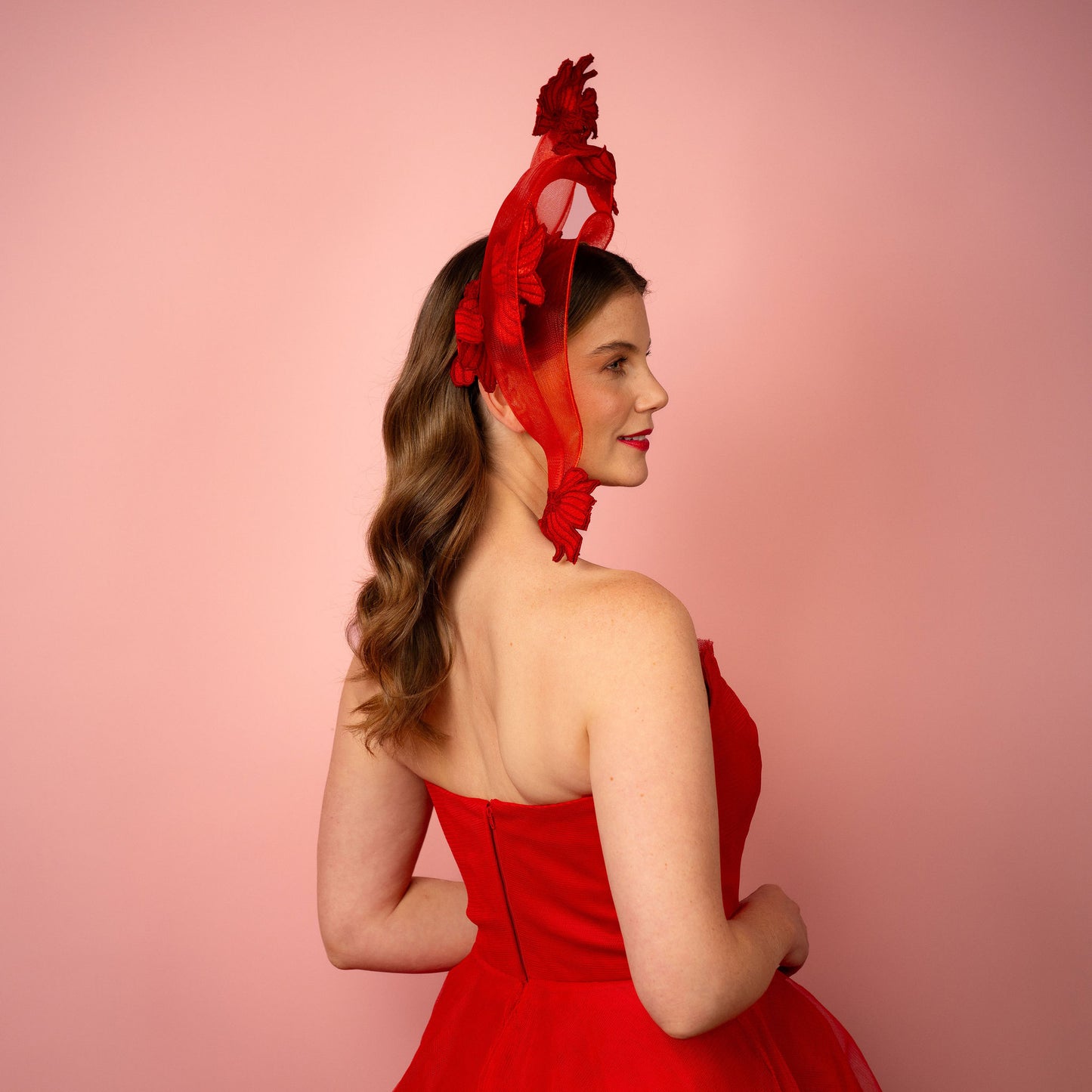 Zoya shaped crinoline shape with lace in red Spring Racewear Headpiece