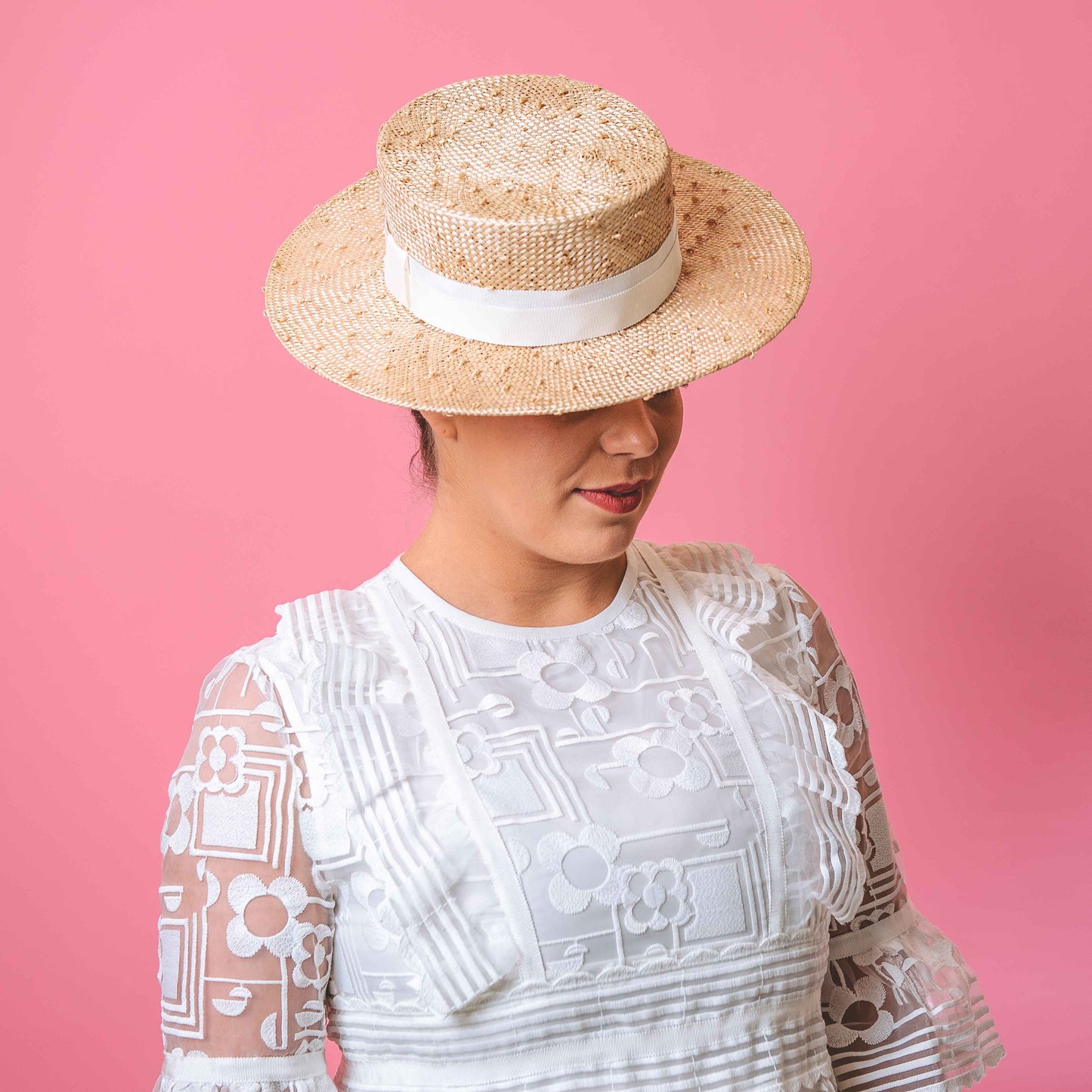 Alexandra Knotted Straw Boater in Cream with white band