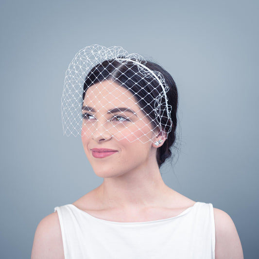 All of Me bridal birdcage veil on headband in white veiling