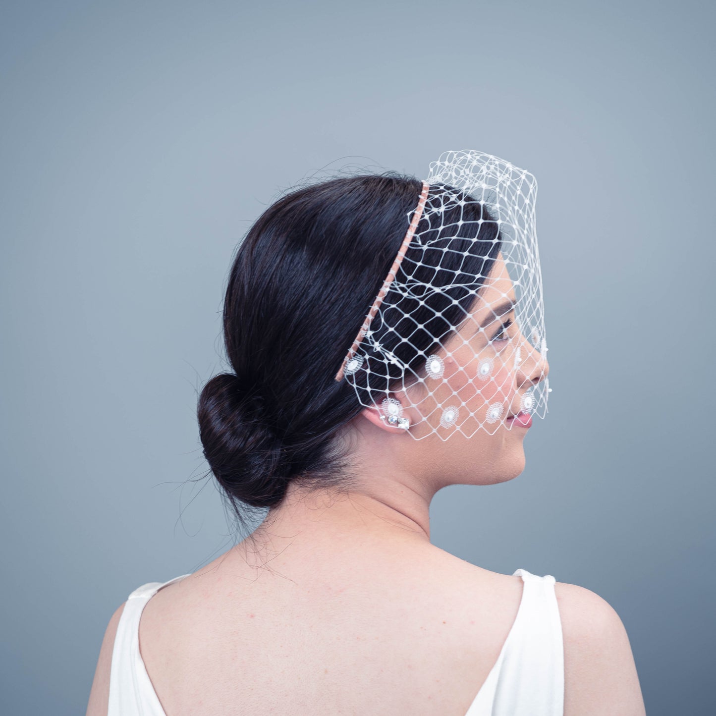 All of Me bridal birdcage veil on headband with white sequin polka dots