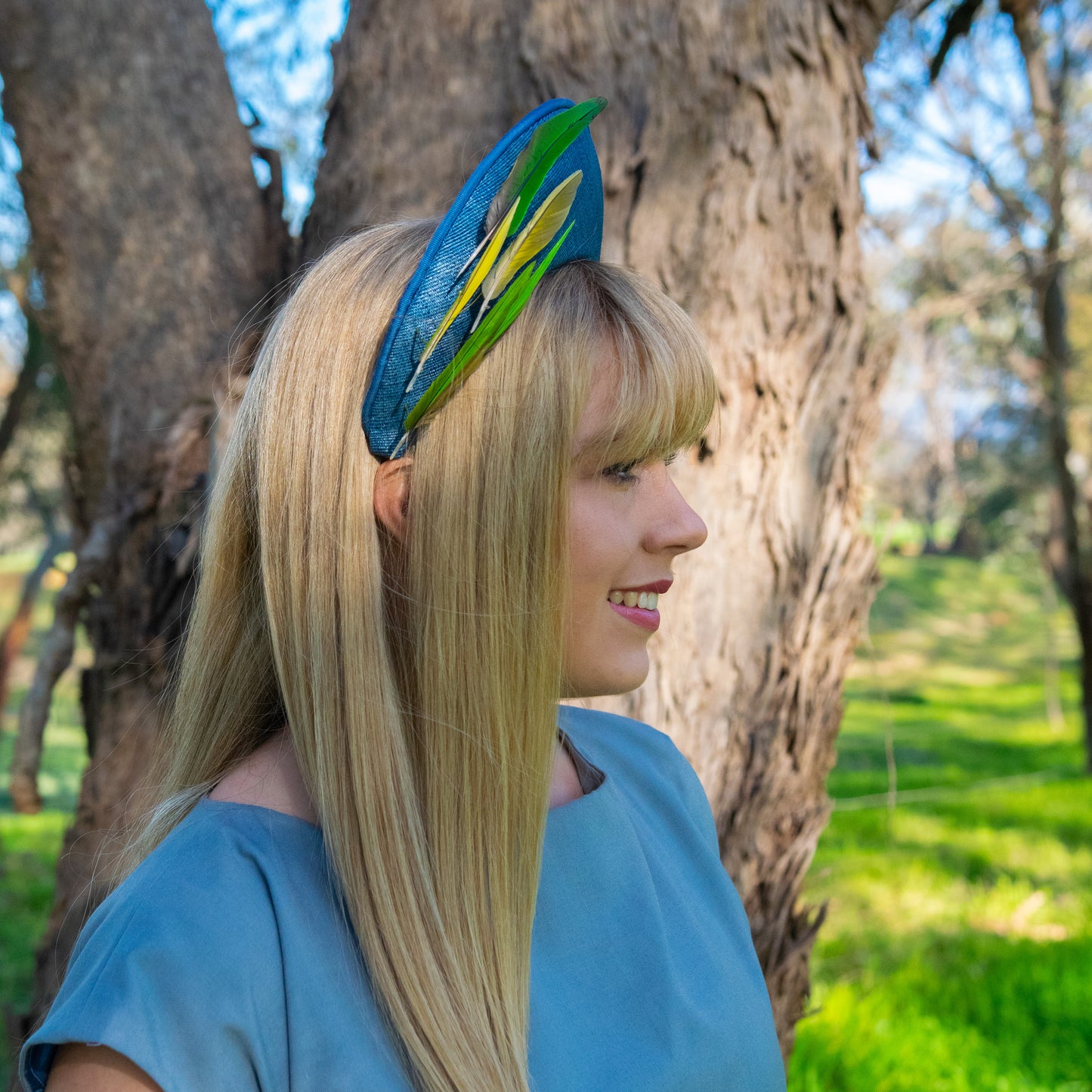 Aves Halo with feather trim in blue