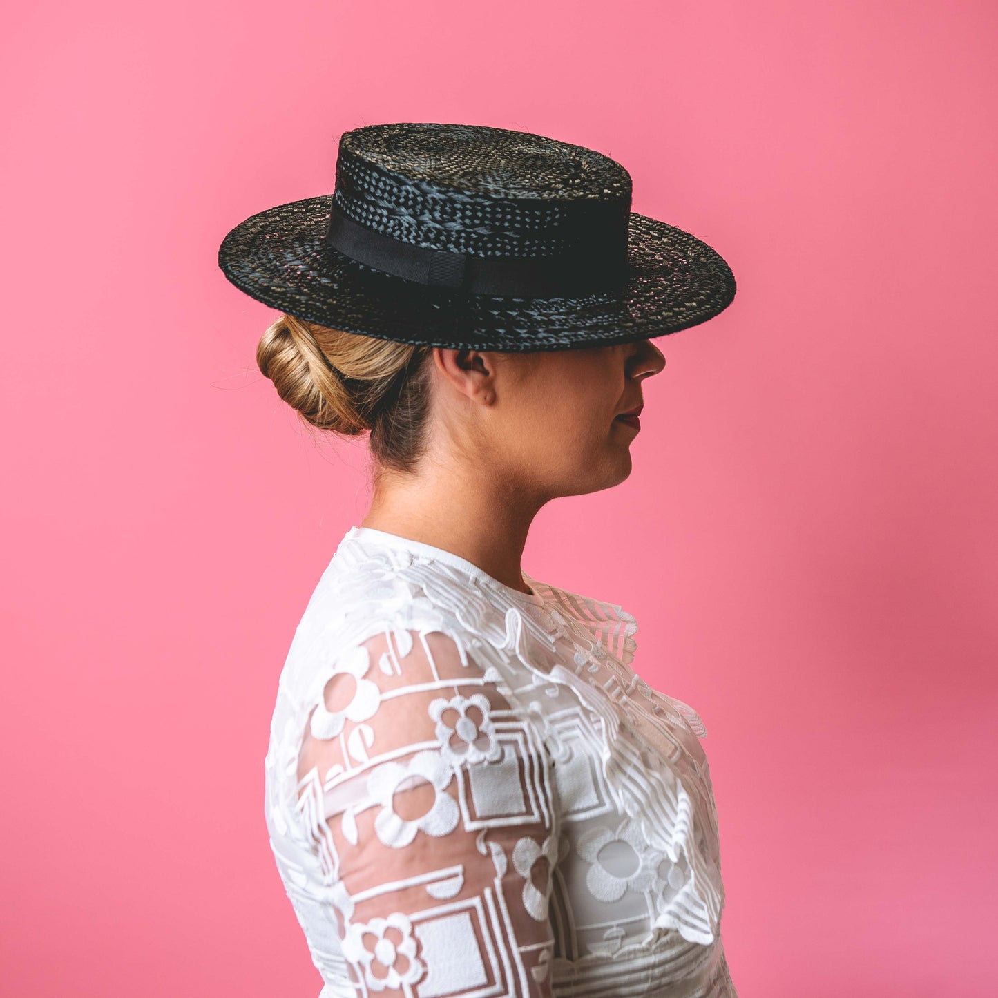 Claudia Straw Boater with textured black straw with petersham band