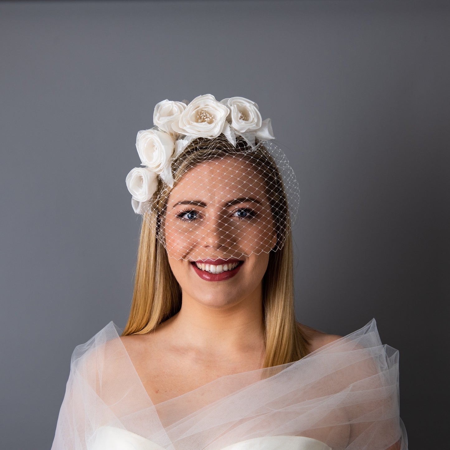 Happily Ever After Bridal birdcage veil with silk flowers on headband