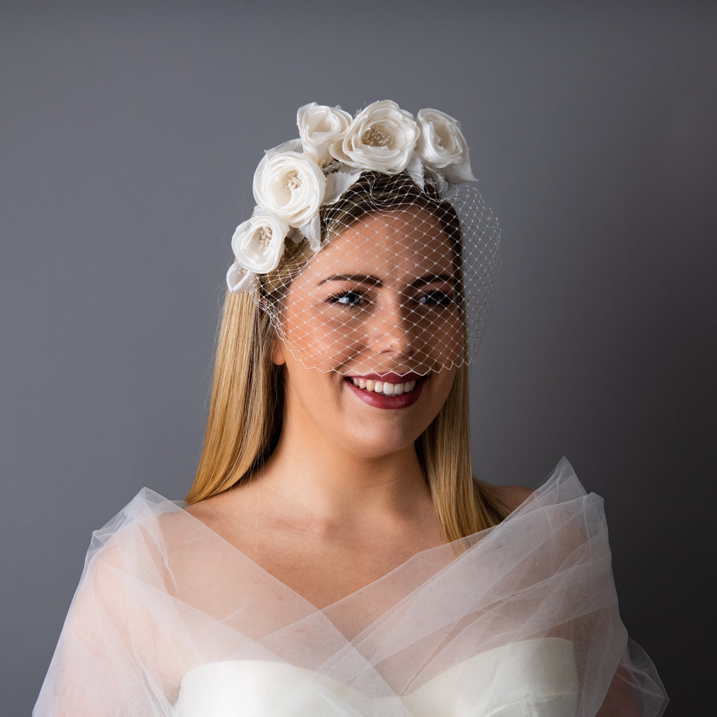Happily Ever After Bridal birdcage veil with silk flowers on headband