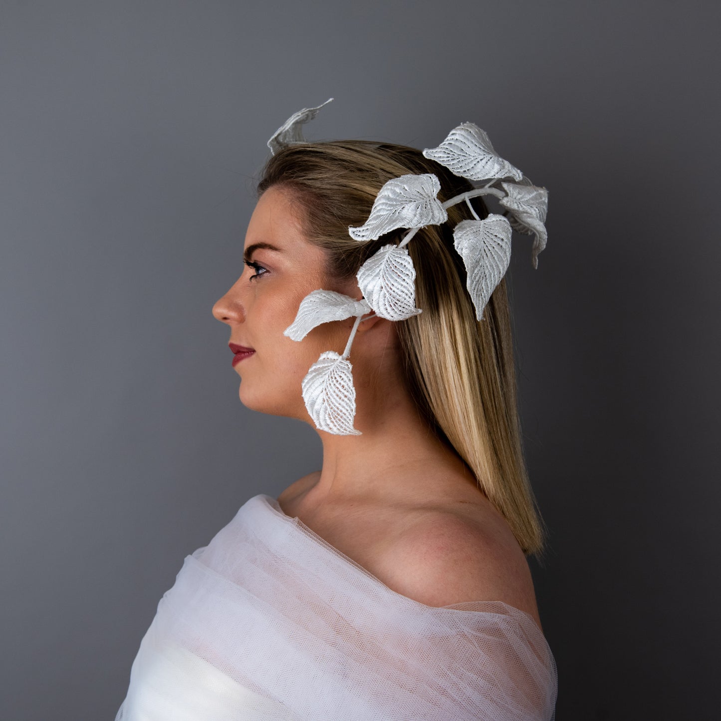 Time After Time floating white lace leaf headpiece